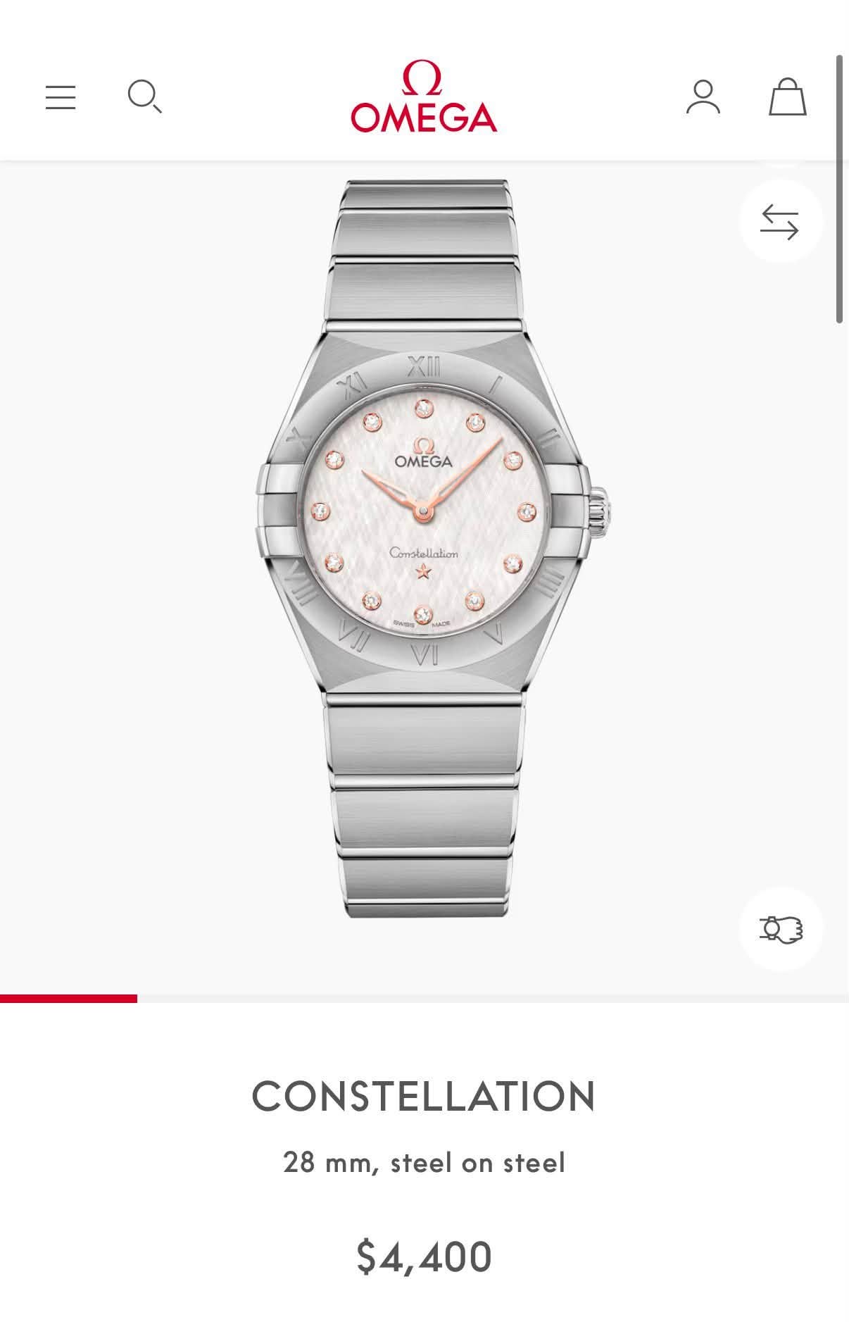 May be an image of digital watch and text that says 'ח OMEGA ٨ OMEGA Complallahon 文 (ه) I ١١ CONSTELLATION 28 mm, steel on steel $4,400'