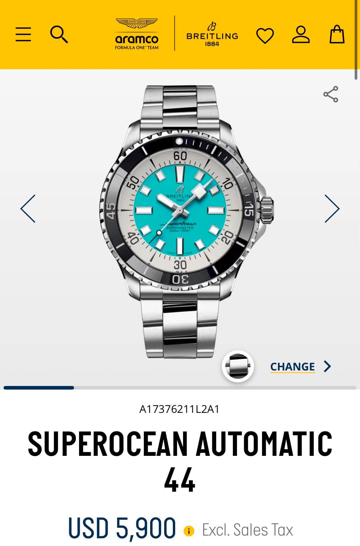 May be an image of wrist watch and text that says 'aramco FORMULAO ONE TEAM BREITLING 1884 L. 50 60 I 1B BREI REITL TLIN IN "oenoAbl" HRONOMITER 00 15 መ 20 Οε Mi CHANGE >…