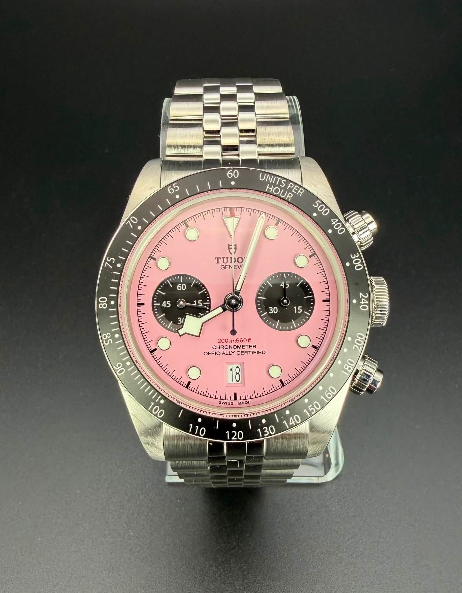 May be an image of wrist watch and text that says 'AHAи 60 65 70 UNITS HOUR PER Tиή 500 400 וקווין 75 日3 TUDO GENEV 1AD / CHRONO 200M RONOMETER OFFICIALLY CERTIFItO 06 18…