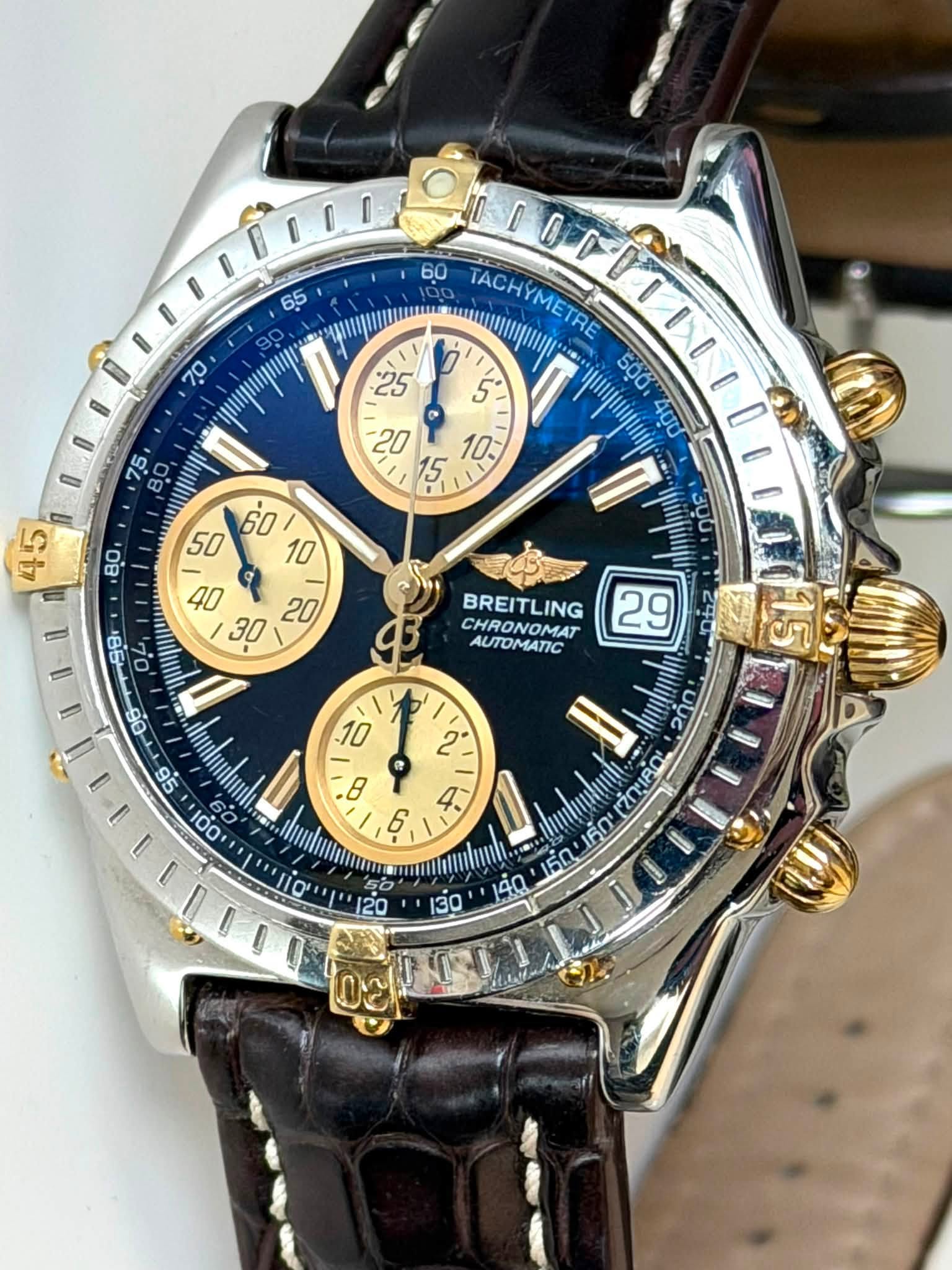 May be an image of wrist watch and text that says ' ဝေ TACHYMETRE TRE D' 25 5 500 ® I لكاي 45 80 6O 50 10 S T BREITLING ING AUTOMATIC CHRONOMAT ' lnun 2ήν מחויח2 60 150 เจด 20…