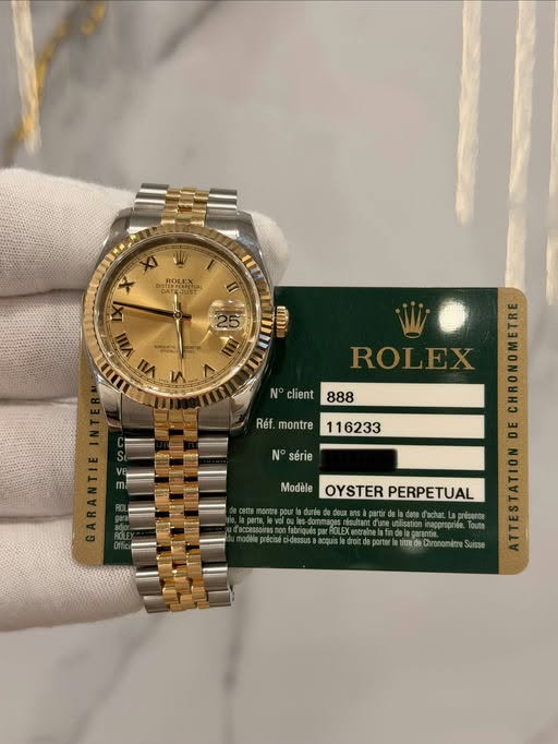 May be an image of wrist watch and text that says 'ROLEX AN X 25 ยม VII Kbl VII 4 W ROLEX ROL N° client 888 Rét.montre116233 Réf.montre Réf montre 116233 N série Modéle GARANTIE D…