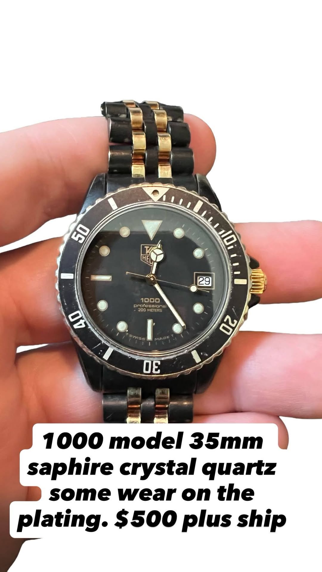 May be an image of wrist watch and text that says '50 HEL profes 200 mofes easian 200 BPwaK ยาล మషಣಾ aicaN model 35mm saphire crystal quartz some wear on the plating. $500 plus…