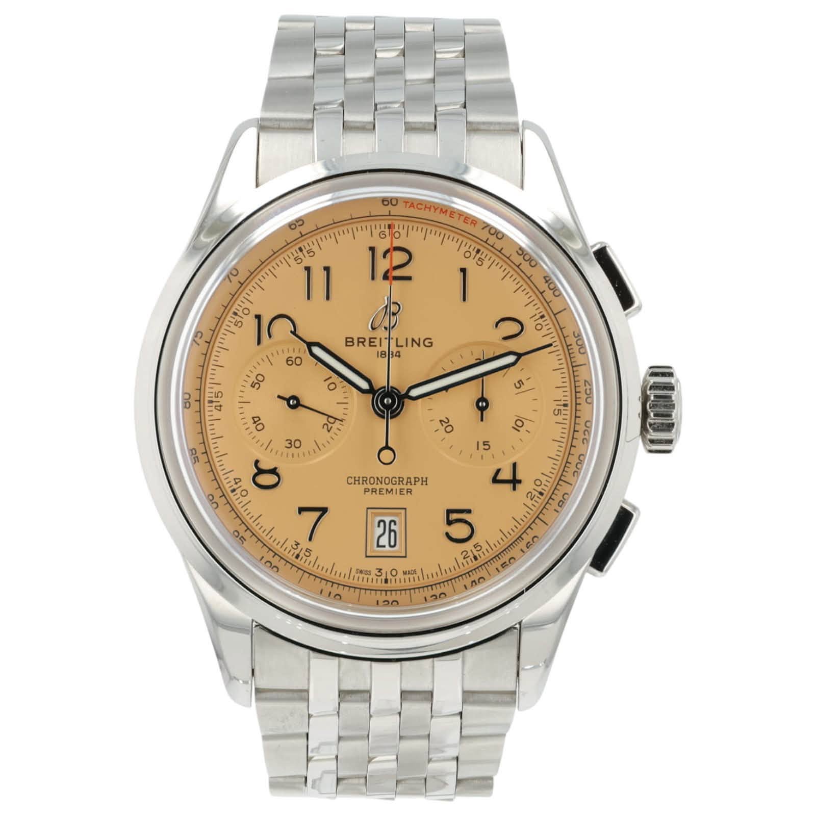 May be an image of wrist watch and text that says '8၁ io 60 TACHYMETER ۲ ነው፡።/ 60 BREITLING o 응 ای 2s " 20 lo an 30 o CHRONOGRAPH PREMIER 〇月 7 t00 eibireta ๓ก 160 1月0 26…