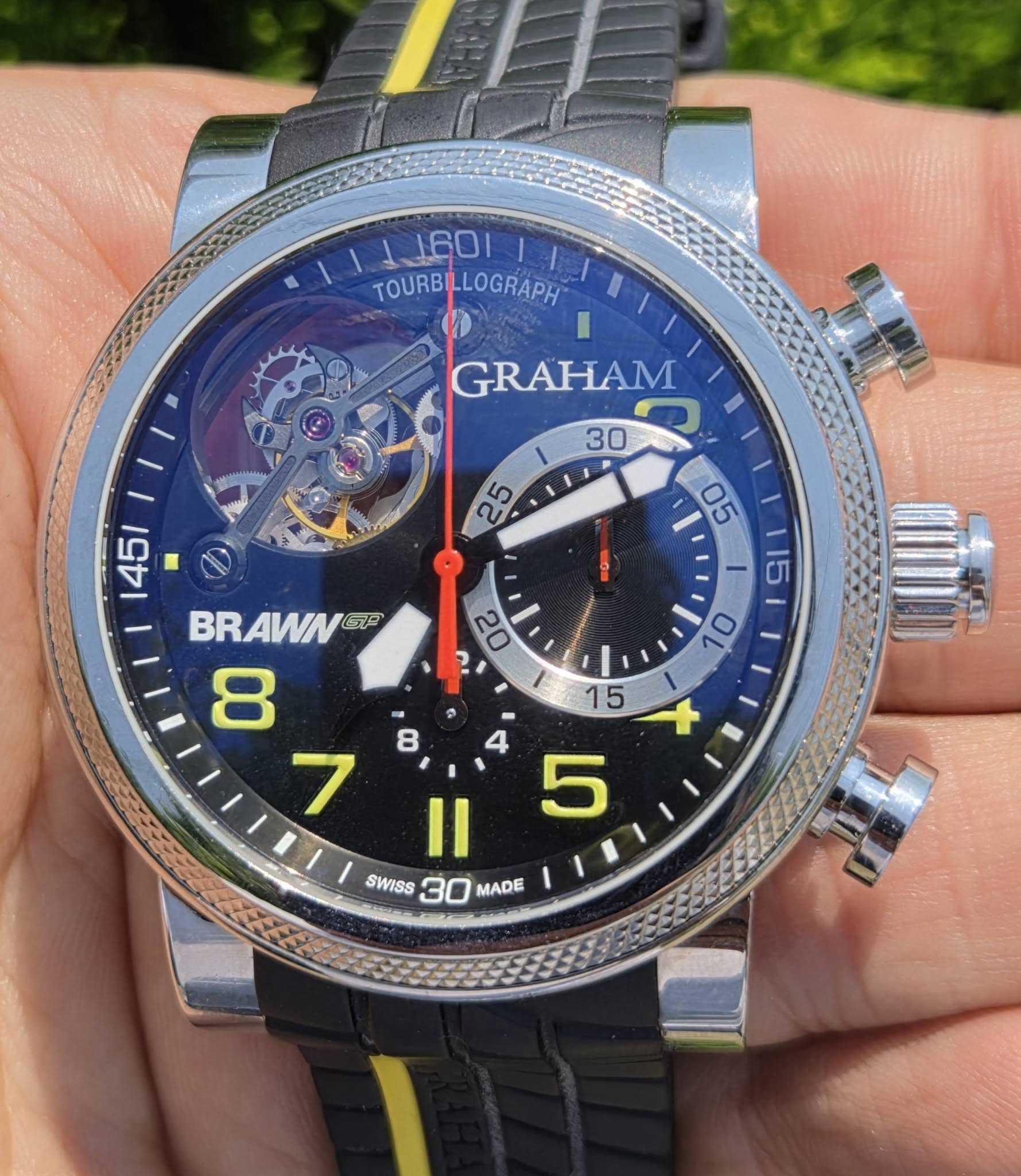 May be an image of wrist watch and text that says '1 160 TOURBILLOGRAPH TOURB LOGRAPH GRAHAM R 30 5 2 I 05 15 οι 20 l 1451 BRAWNG নট 8 7 গ 8 1 15 * 4 5 Il SWISS 30 MADE'