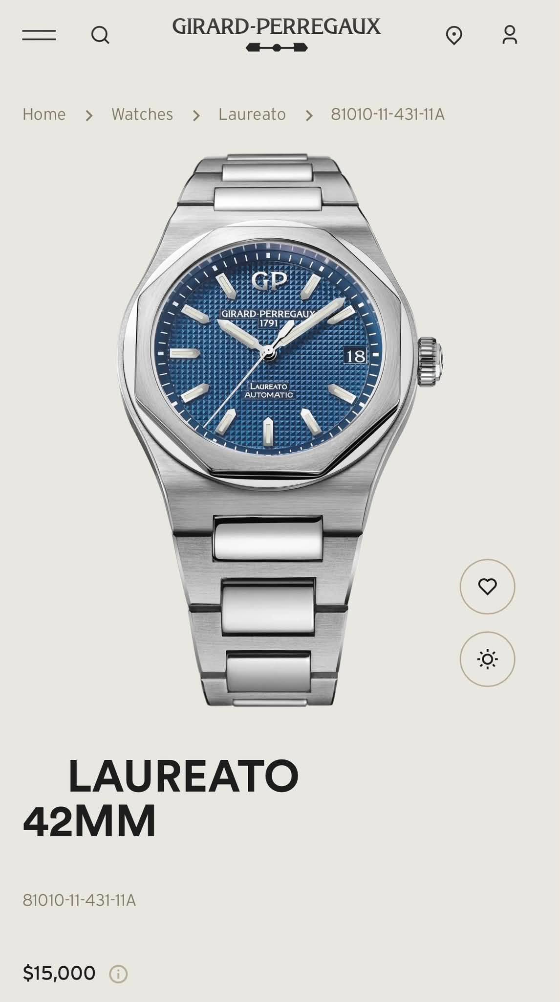 May be an illustration of wrist watch and text that says 'GIRARD-PERREGAUX Home > Watches > Laureato > -11A GP GIRARD PERREGAU 1791 18 LAUREATO chum LAUREATO 42MM -11A $15,000'