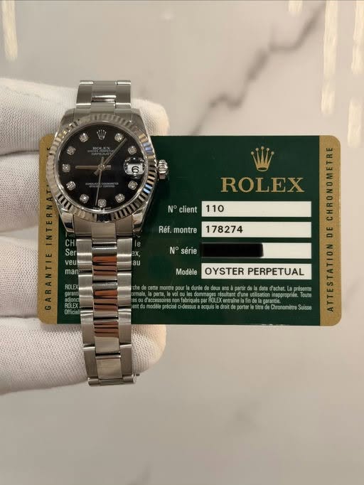 May be an image of wrist watch and text that says 'N client ROLEX 110 Réf.montre178274 Réf. montre 178274 N° série DDE Modéle OYSTER PERPETUAL d'achat. nilisation présente ROL wwwa…