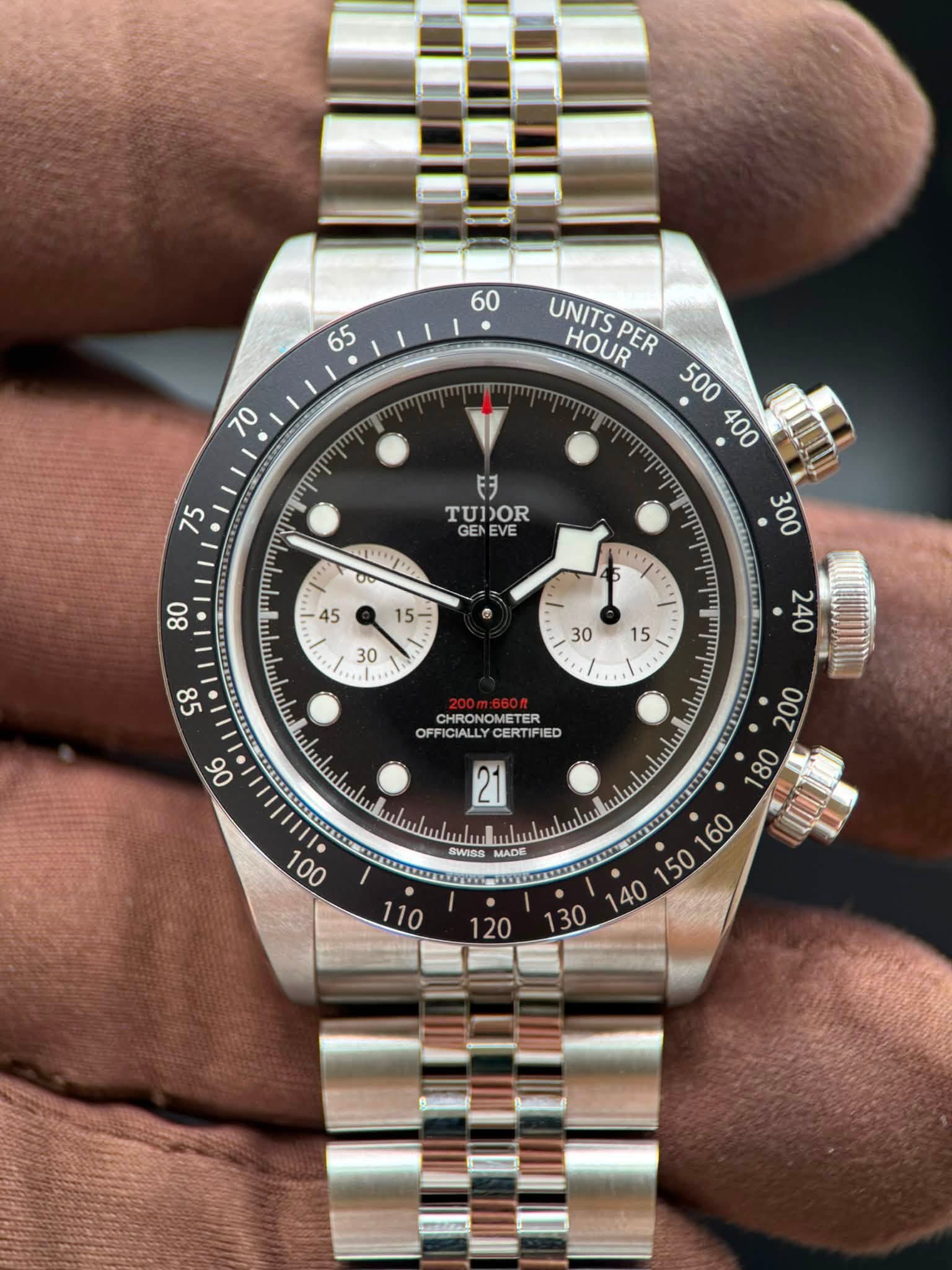 May be an image of wrist watch and text that says '60 65 70 UNITS HOUR PER ミラ TUDOR GE GENEVE EVE JUIsE CHRONOMETER OFFI ICIALLY CERTI CERTIFIED ED ula SWISS MADE '