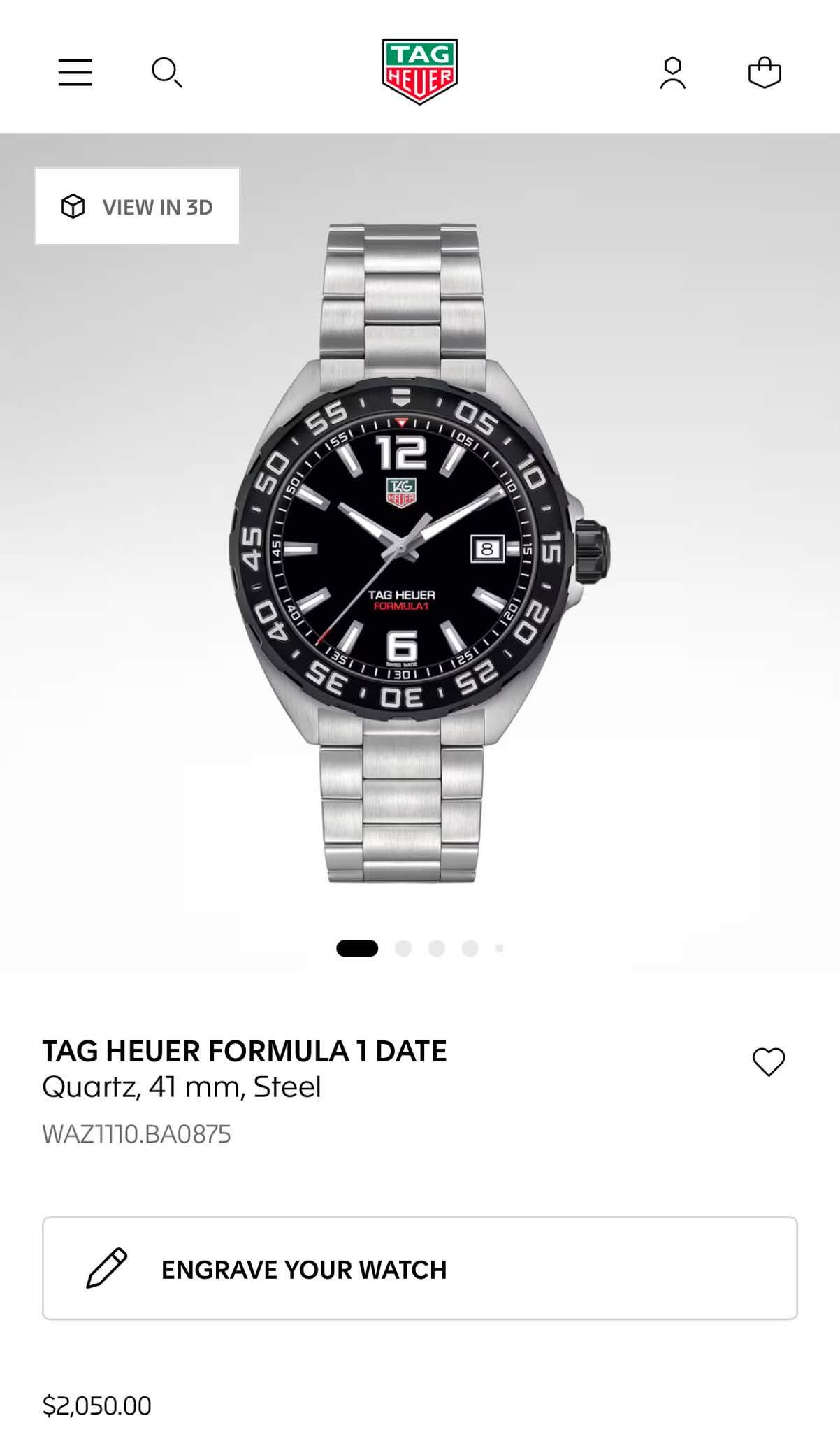 May be an image of digital watch and text that says 'TAG HEUEL VIEW IN 3D = = Kッ 环川克 TAG AGHEUER EUER 6 1301 DE S ก TAG HEUER FORMULA 1 DATE Quartz, 41 mm, Steel WAZ1110.BA0875…