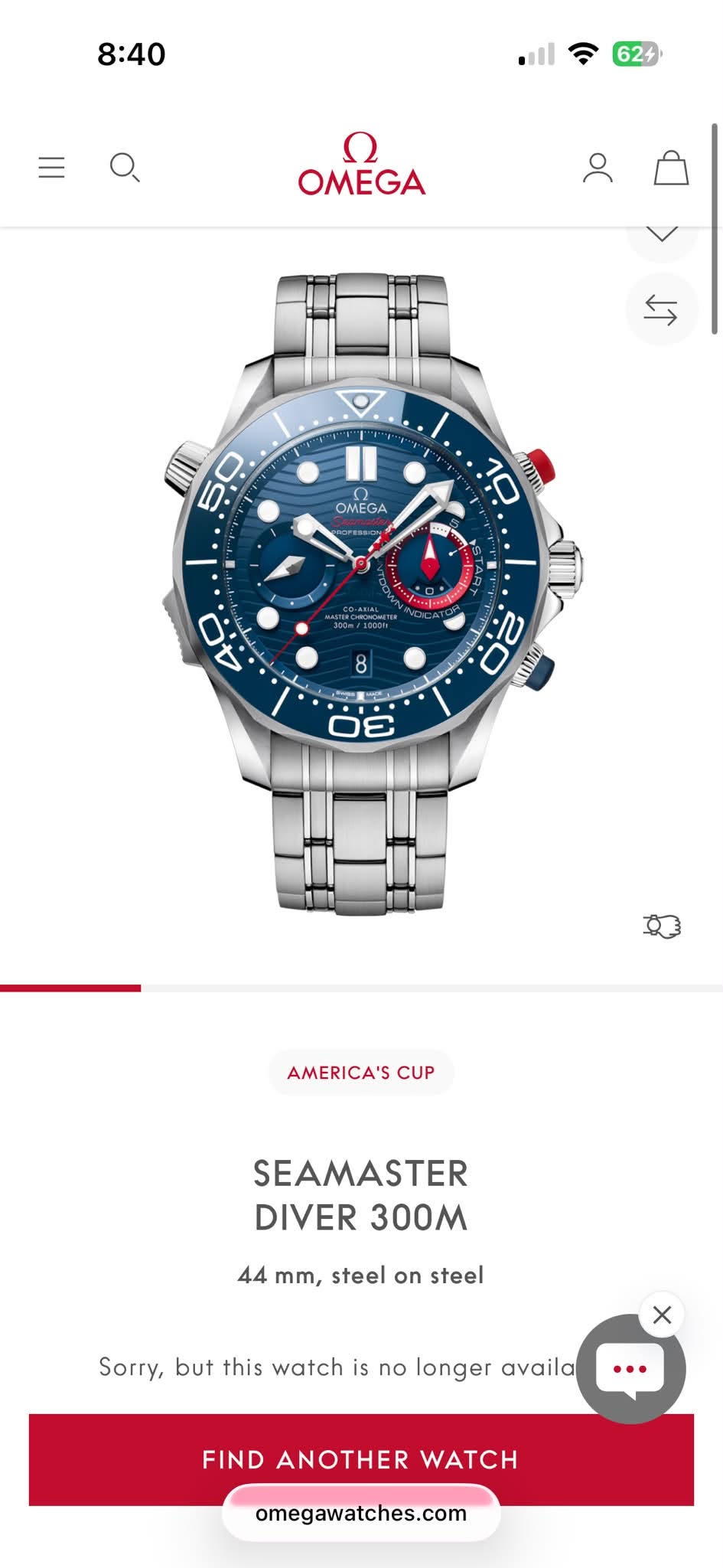 May be an image of digital watch and text that says '8:40 624 Ω OMEGA ک بن Il OMEGA OME 10 um ប្. 40 20 mITh 8 30 MY AMERICA'S CUP SEAMASTER DIVER 300M 44 mm, steel on steel…