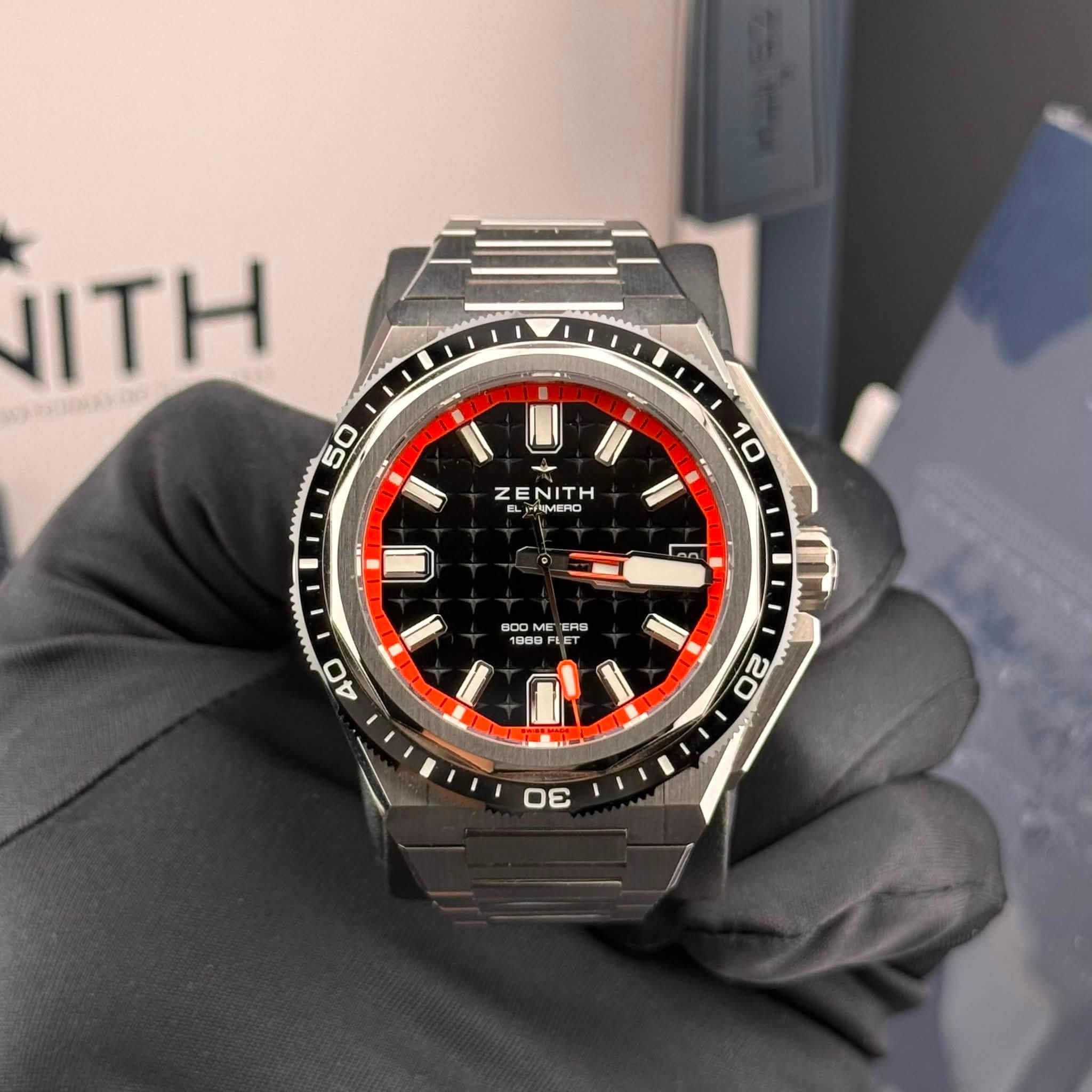 May be an image of wrist watch and text that says 'ITH នជ 50 T1 ZE ZENITH ιΤΗ EL नનी TRMMERO 10 nn 40 จ 0OMEER OME FRB 105B SBFLET ET ح 0 20'