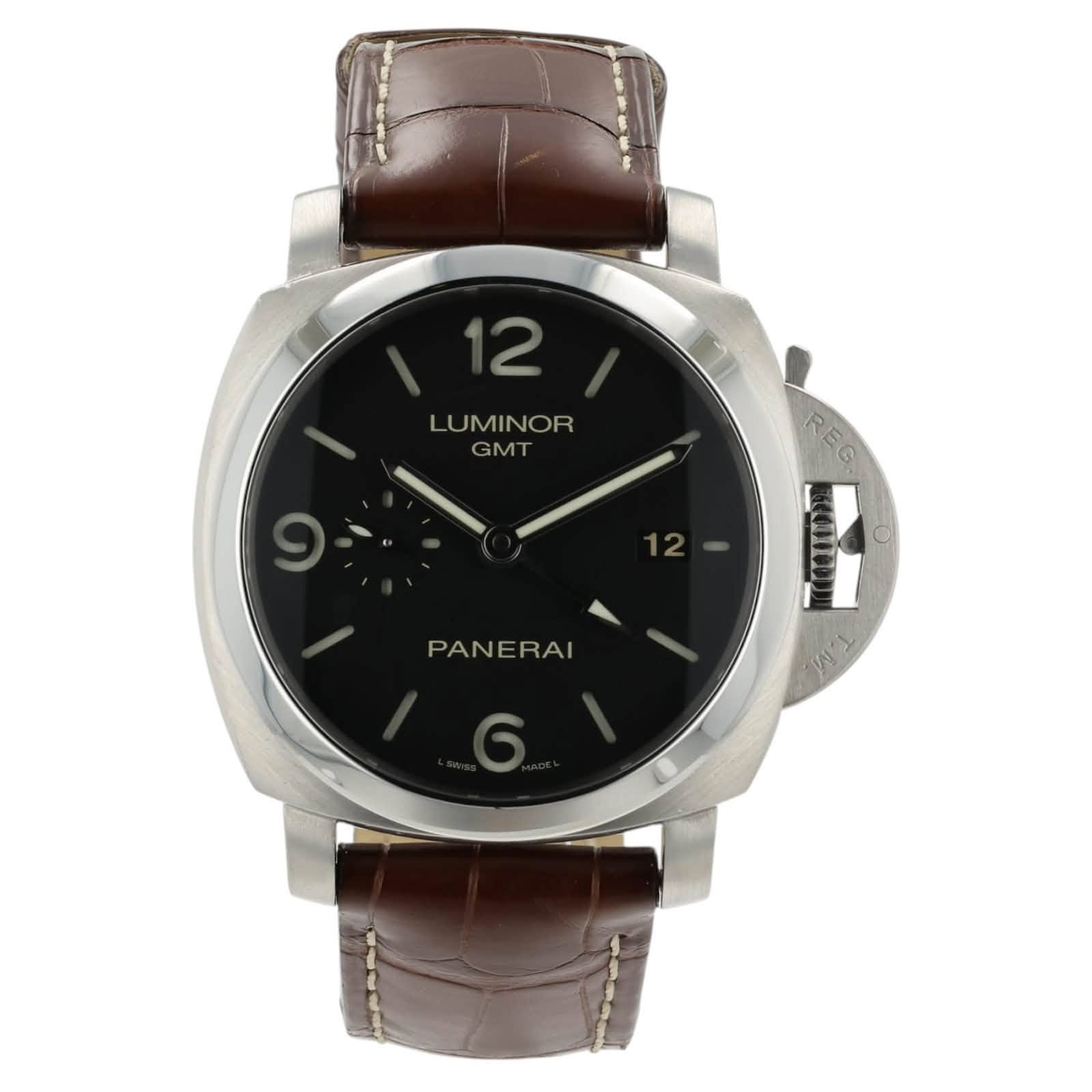 May be an image of wrist watch and text that says '2 LUMINOR GMT REG PANERAI PANERAI'