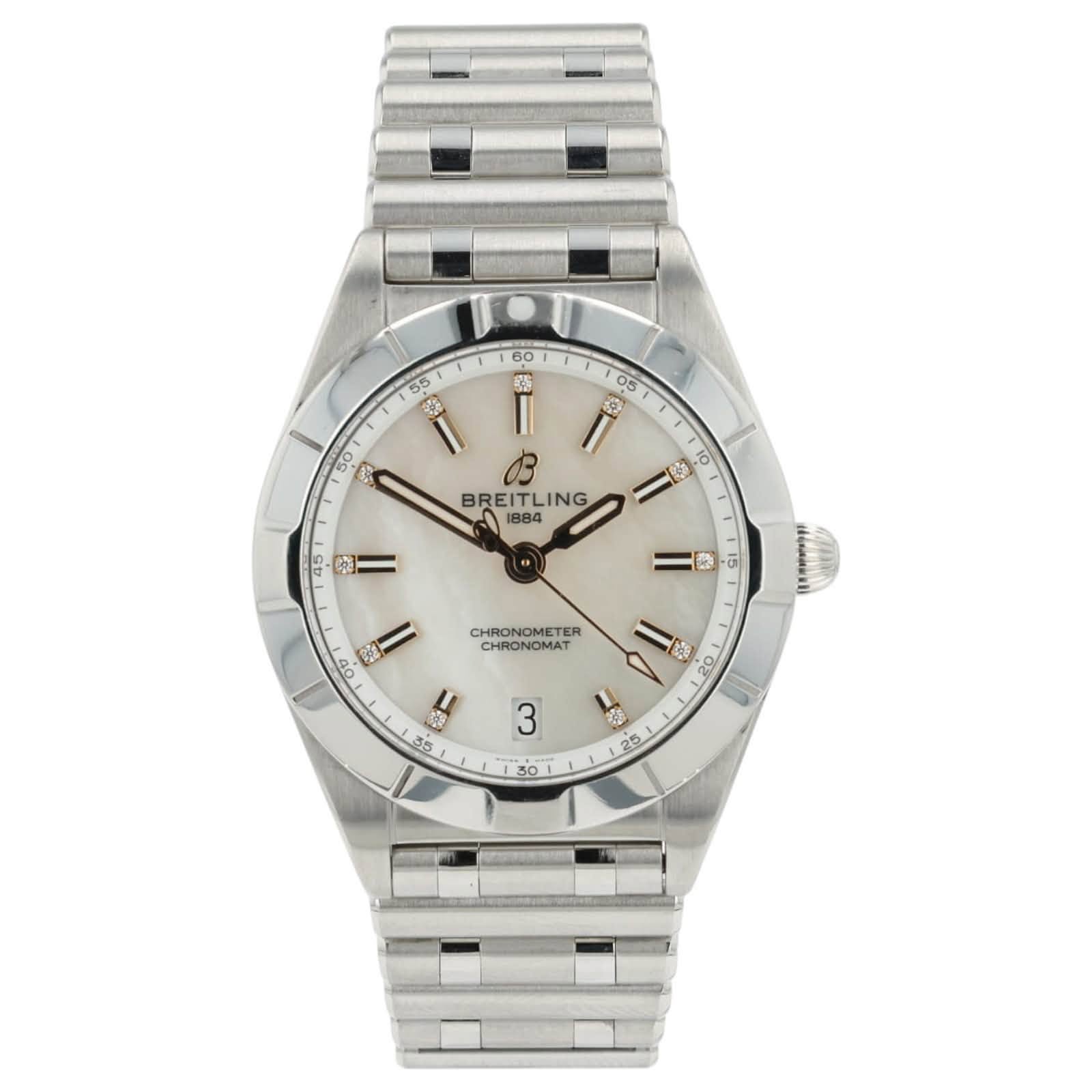 May be an image of wrist watch and text that says '60 税 55 零 22 05 한 ب و O 10 3 BREIT BREITLING TL ING 1884 St 15 ٠ & CHRONOMETER CHRONOMAT cecaaHKa 海 0 0E '