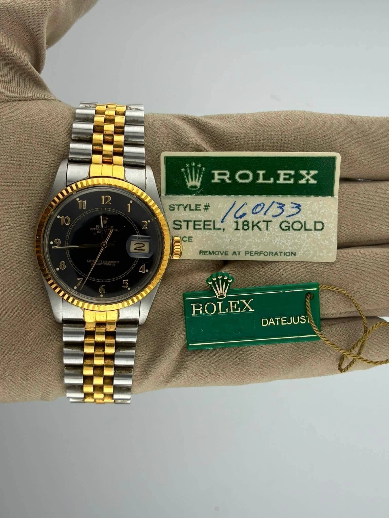 May be an image of wrist watch and text that says '12 ROLEX STYLE# 160133 STEEL, 18KT GOLD CE REMOVE AT PERFORATION ROLEX DATEJUST'