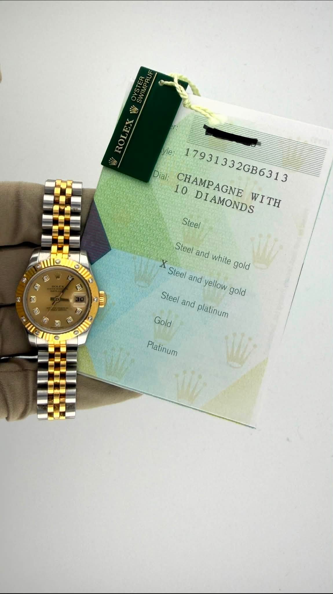 May be an image of wrist watch and text that says 'ROLEX Dial: yle: 10 CHAMPAGNE 17931332GB6313 17931332GB6313 DIAMONDS WITH Steel Steel Steelandwhitegold and white gold X Steel…