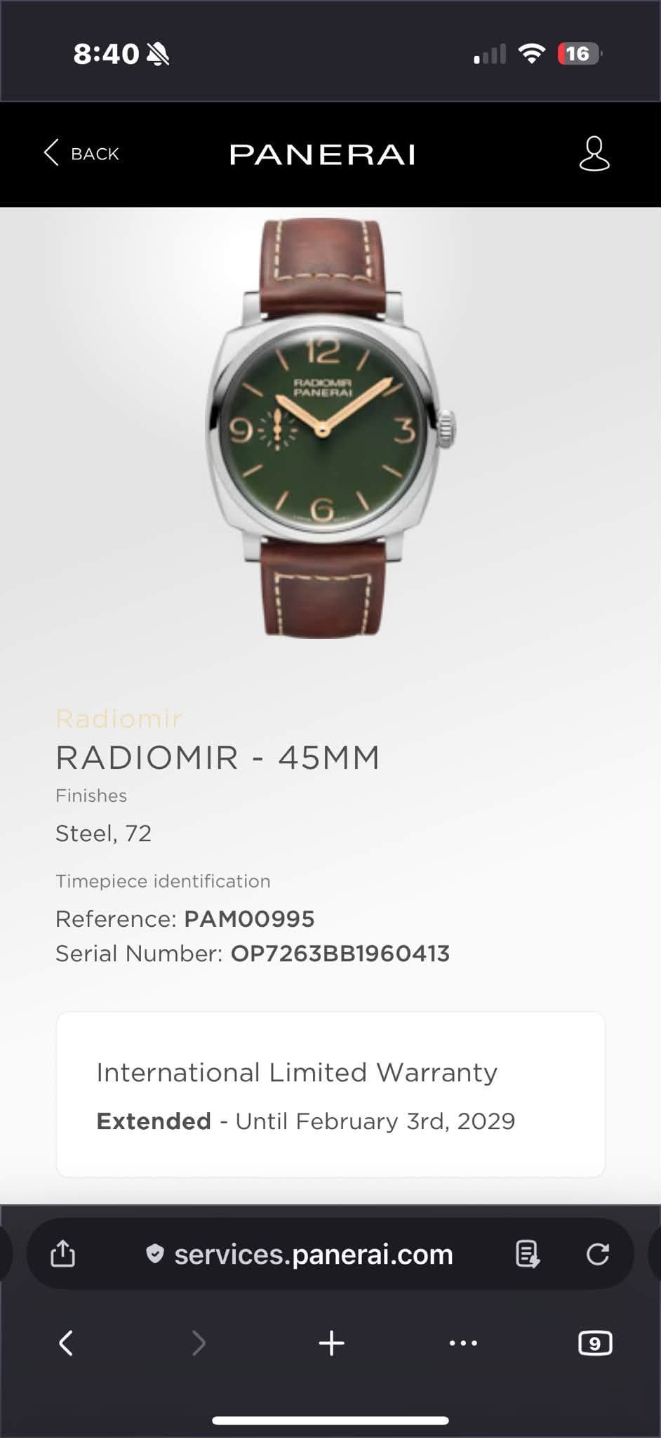 May be an image of wrist watch and text that says '8:40 AN 16 BACK PANERAI RAC PACOAEN Aan A HUL Radomir RADIOMIR Finishes Steel, 72 45MM Timepiece identification Reference:…