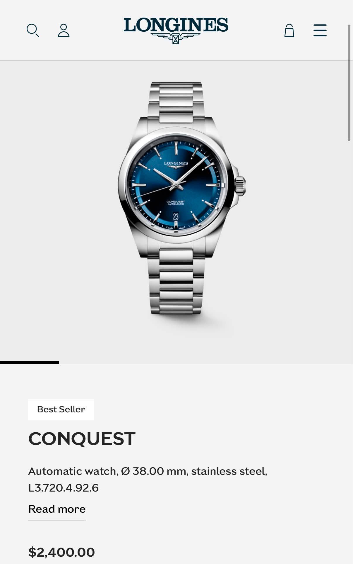 May be an image of wrist watch and text that says 'O LONGINES LONGINE LONG !" ONGURET ال 23 Best Seller CONQUEST Automatic watch, o 38.00 mm, stainless steel, L3. Read more…