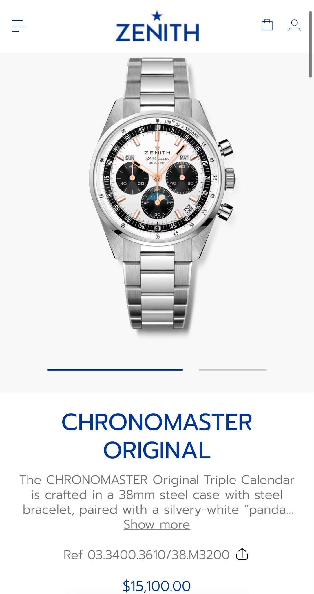 May be an image of wrist watch and text that says 'ZENITH 第 OFA SECOND SUN ZENITH SeSkn 一 100 mate MAY 5 ي 3 K G き 28 35 को 05 CHRONOMASTER popoKa ORIGINAL The CHRONOMASTER…