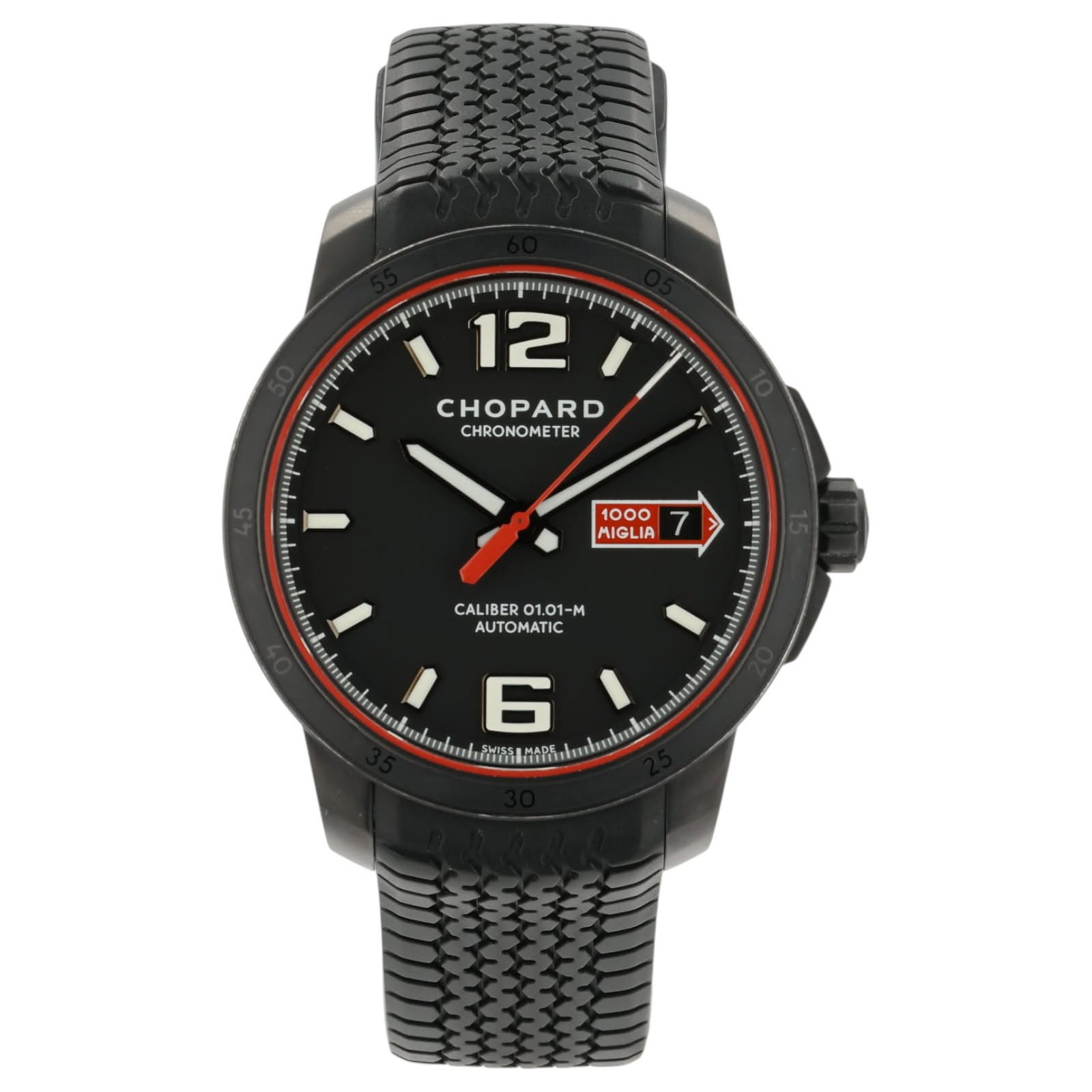 May be an image of digital watch and text that says '12 CHOPARD CHRONOMETER 1000 MIGLIA 7 CALIBER CALIBER01.01-M 01.01-M AUTOMATIC 5'