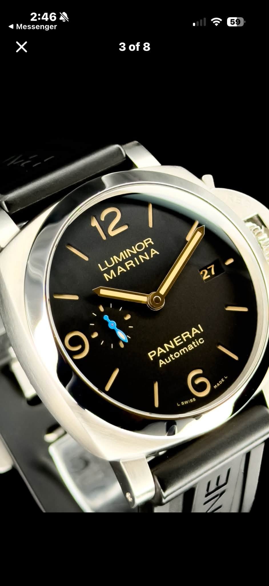 May be an image of digital watch and text that says '2:46 Messenger X 59 3of8 of 8 3 12 I LUMINOR MARINA 27 O PANERAI Automatic 6 MADE'