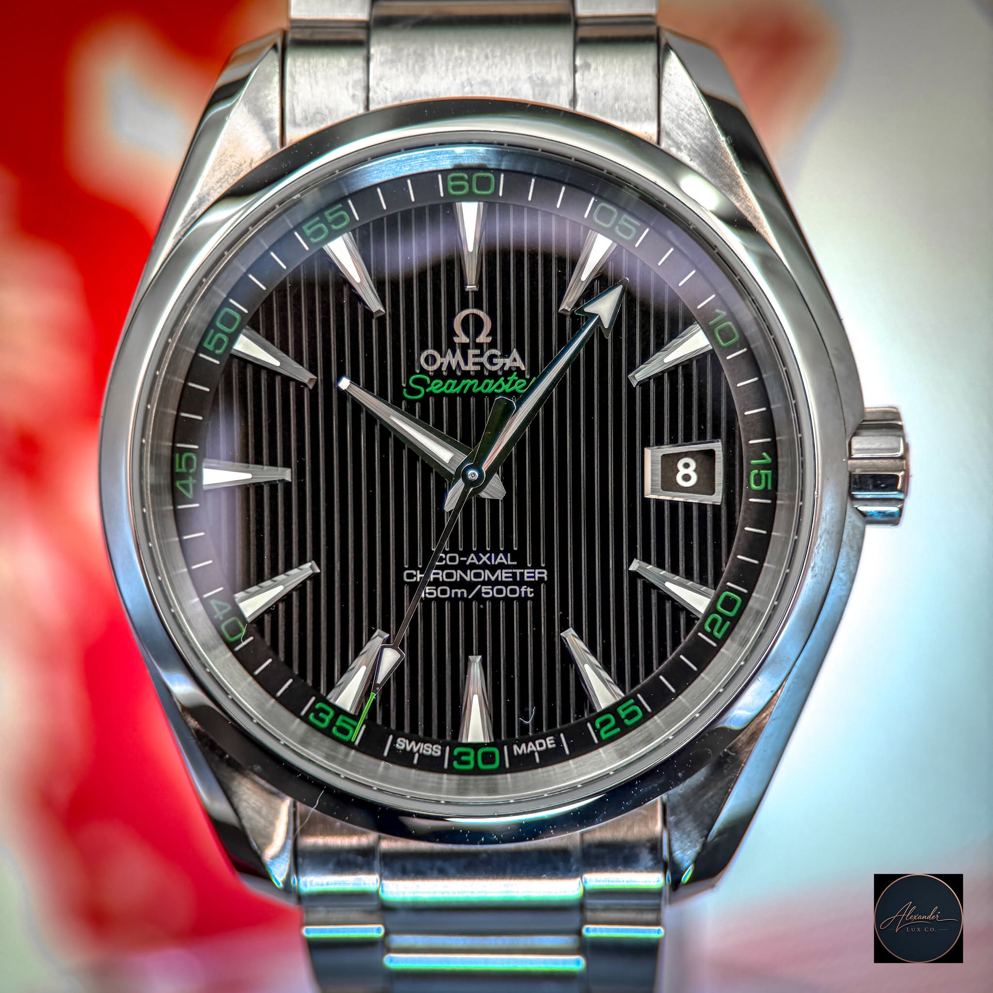 May be an image of wrist watch and text that says '105/ OMEGA Seamaste 8 8 115 LO-AXIAL CH RONOMETEF ER 150m/500ft 500ft 50m/ 0기 6 102 35 り SWISS 30 MADE AD 125 O cn aNii-'