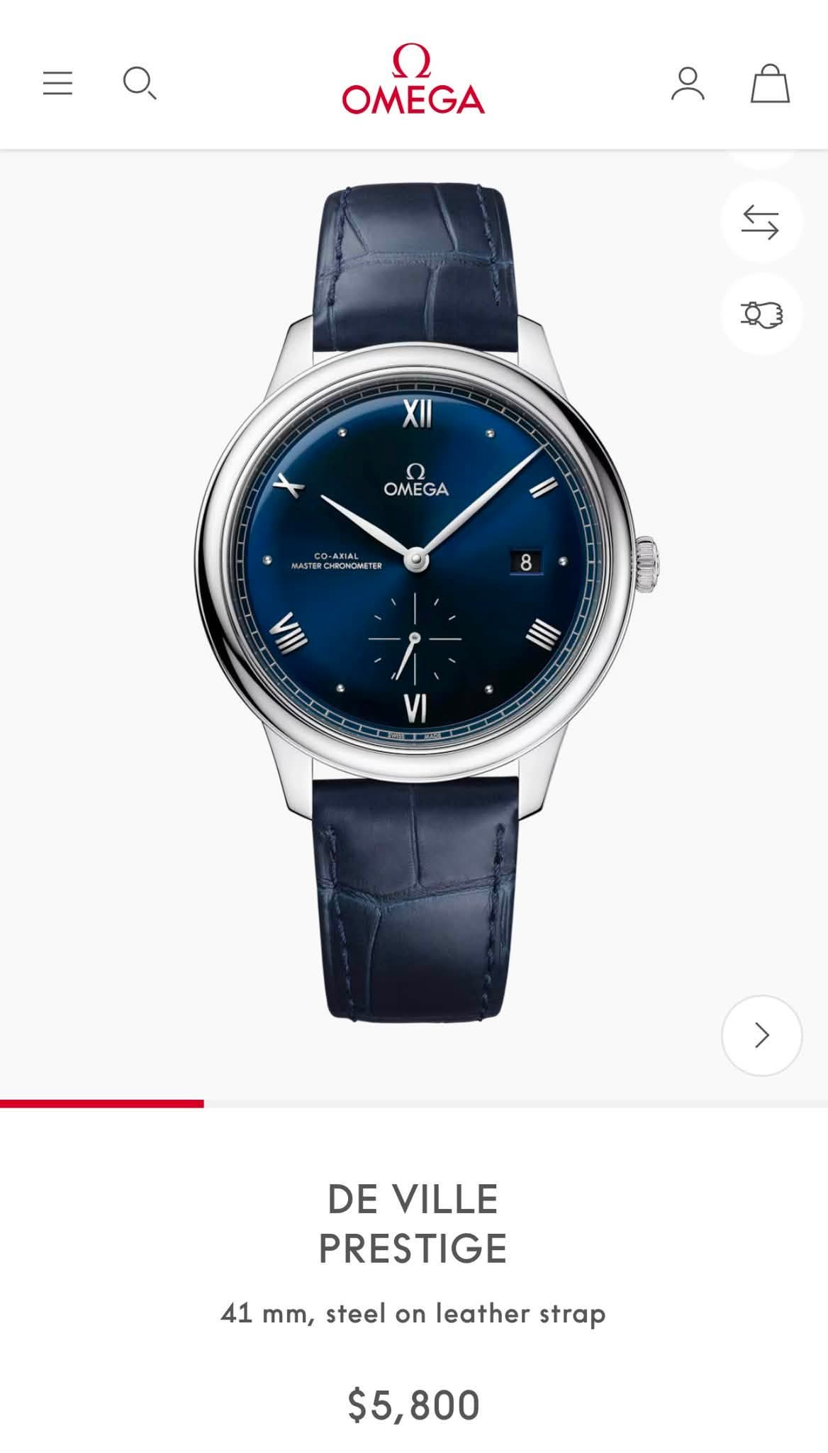 May be an image of wrist watch and text that says 'ח OMEGA • XII + ع OMEGA Il yBoMoMeTe NOMETE 8 Λ IIII VI > DE VILLE PRESTIGE 41 mm, steel on leather strap $5,800'