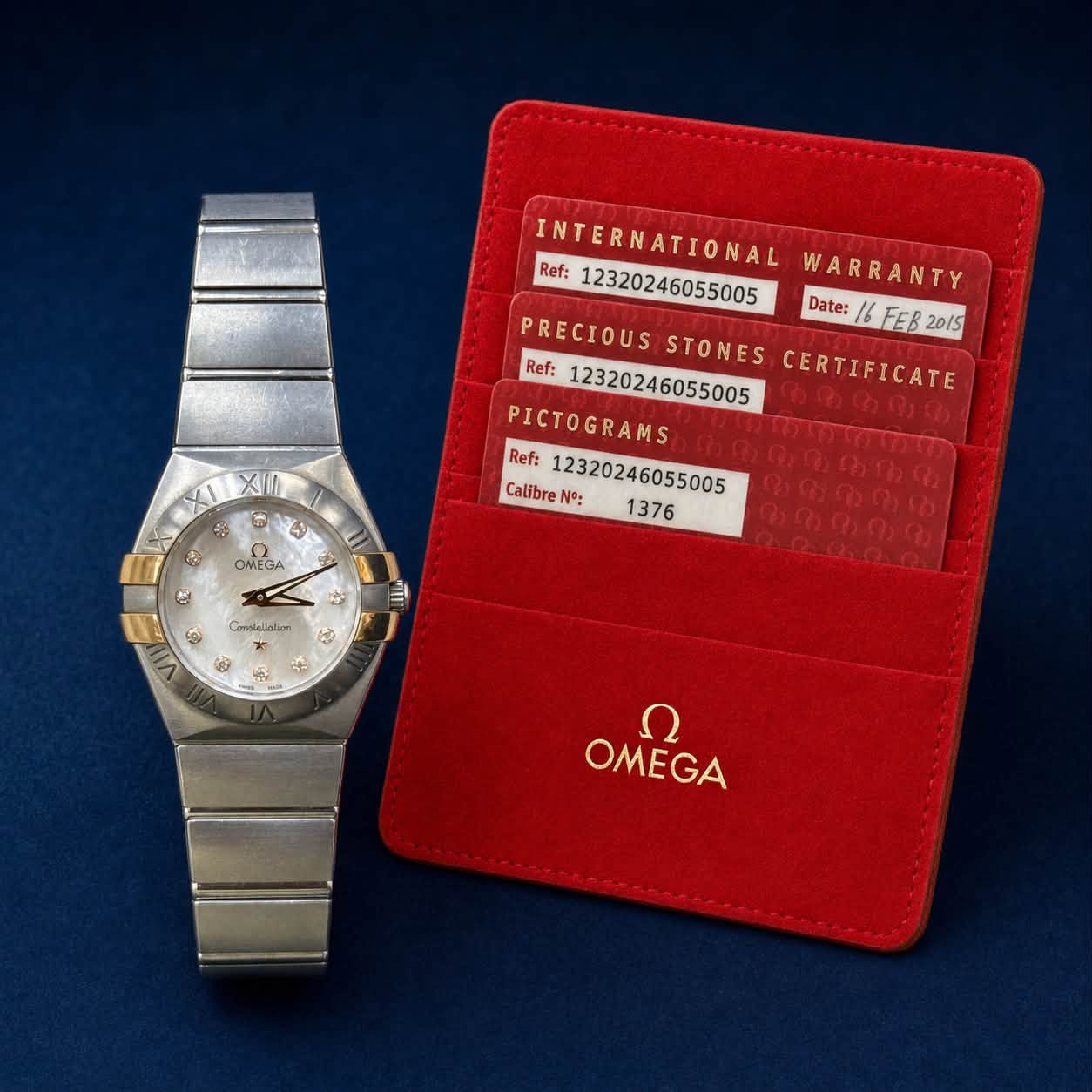 May be an image of wrist watch and text that says 'INTERNATIONAL Ref: WARRANTY Date: Date:/6FEB2015 16 FEB 2015 PRECIOUS STONES CERTIFICATE Ref: か0的9日 PICTOGRAMS Ref: Calibre…