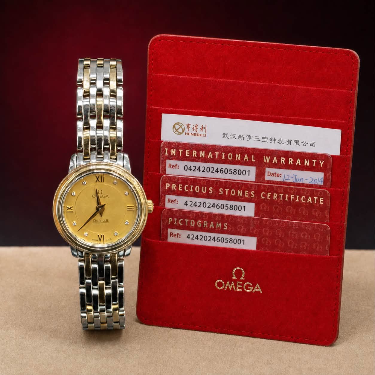 May be an image of wrist watch and text that says '8事得利 事得利 HENGOCLI ቶ ® EGA GA, อ X 三 S DE DEVLLE LE 武汉新字三堂钟表有限公司 INTERNATIONAL WARRANTY Ref: Date: :/2-โยก-2014 2-J μπη n-2014…