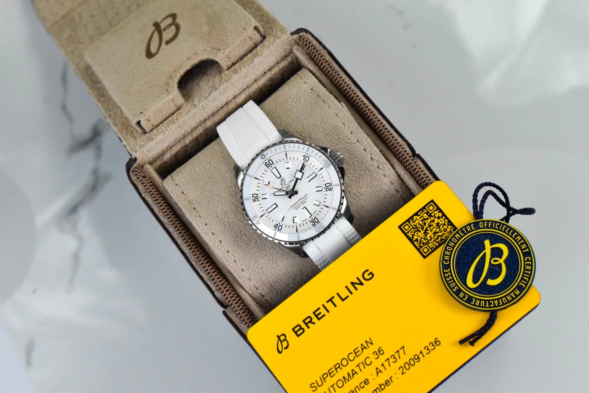 May be an image of wrist watch and text that says 'B r. 40 30 5S B รยกวงถชน รยกแวง BREITLING お SUPEROCEAN TOMATIC36 nce mber 36 A17377 20091336'