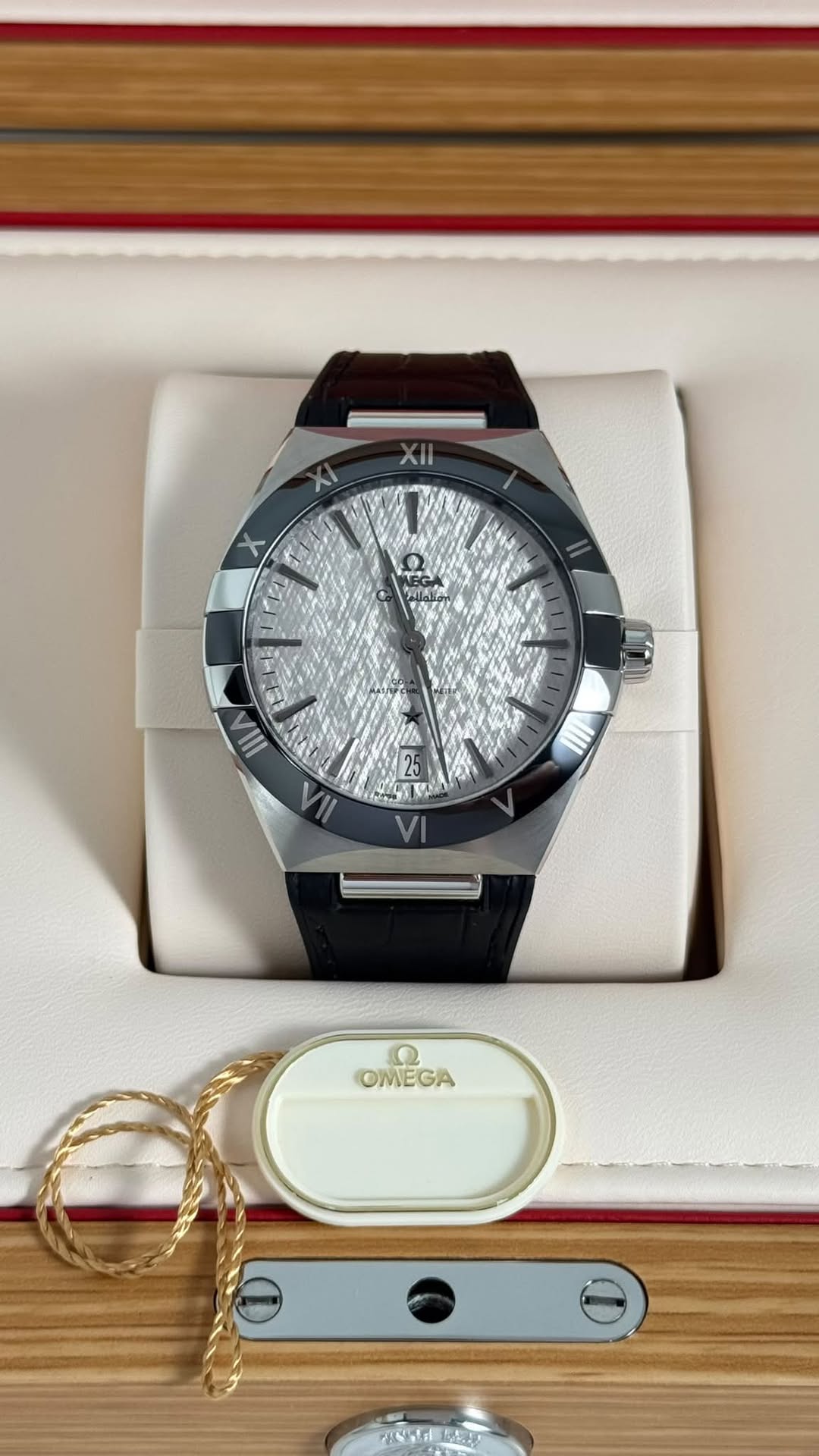 May be an image of wrist watch and text that says 'ኣ 시 X 1 NEG III/ VVA Ω OMEGA rotl'