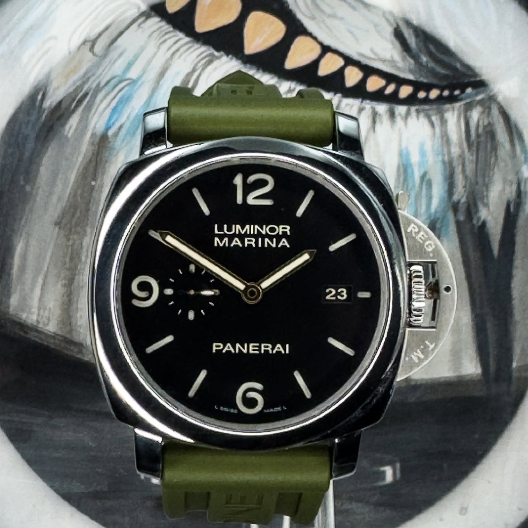 May be an image of wrist watch and text that says 'I 12 LUMINOR MARINA REG. REG. CmAm 如小 PANERAI 6'