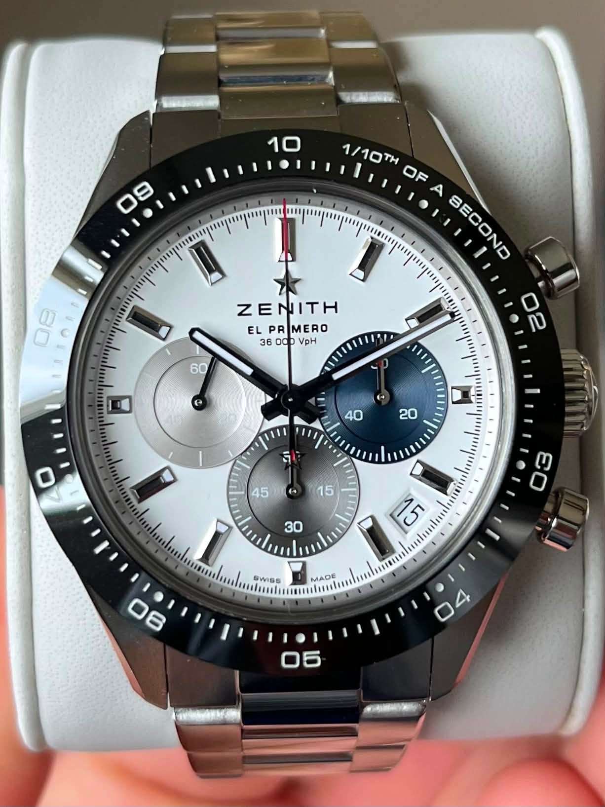 May be an image of wrist watch and text that says ' /10TH OF A SECOND SECOND 1..ន 08 O ZENITH EL PR PRMERO MERO 36 360dpVpH odo VpH 40Y 6+ 40 I 20 重 يا SWISS MADE 04 05 ''