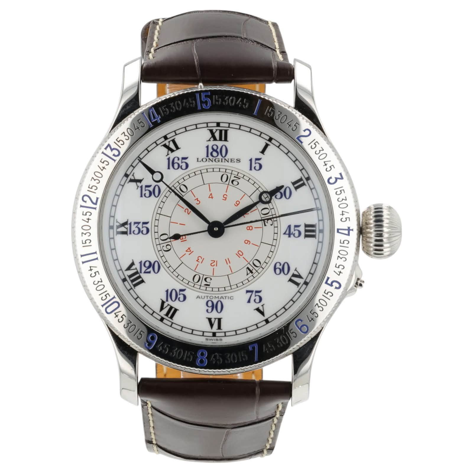 May be an image of ‎wrist watch and ‎text that says '‎ي e 45E 4 3015 ထ XIII 180 165 LONGINES 15 1045/ /2 လ / AyTomAT MATIC II 90 ν 4 တ O 1 60 75 V 53015 SWISS‎'‎‎