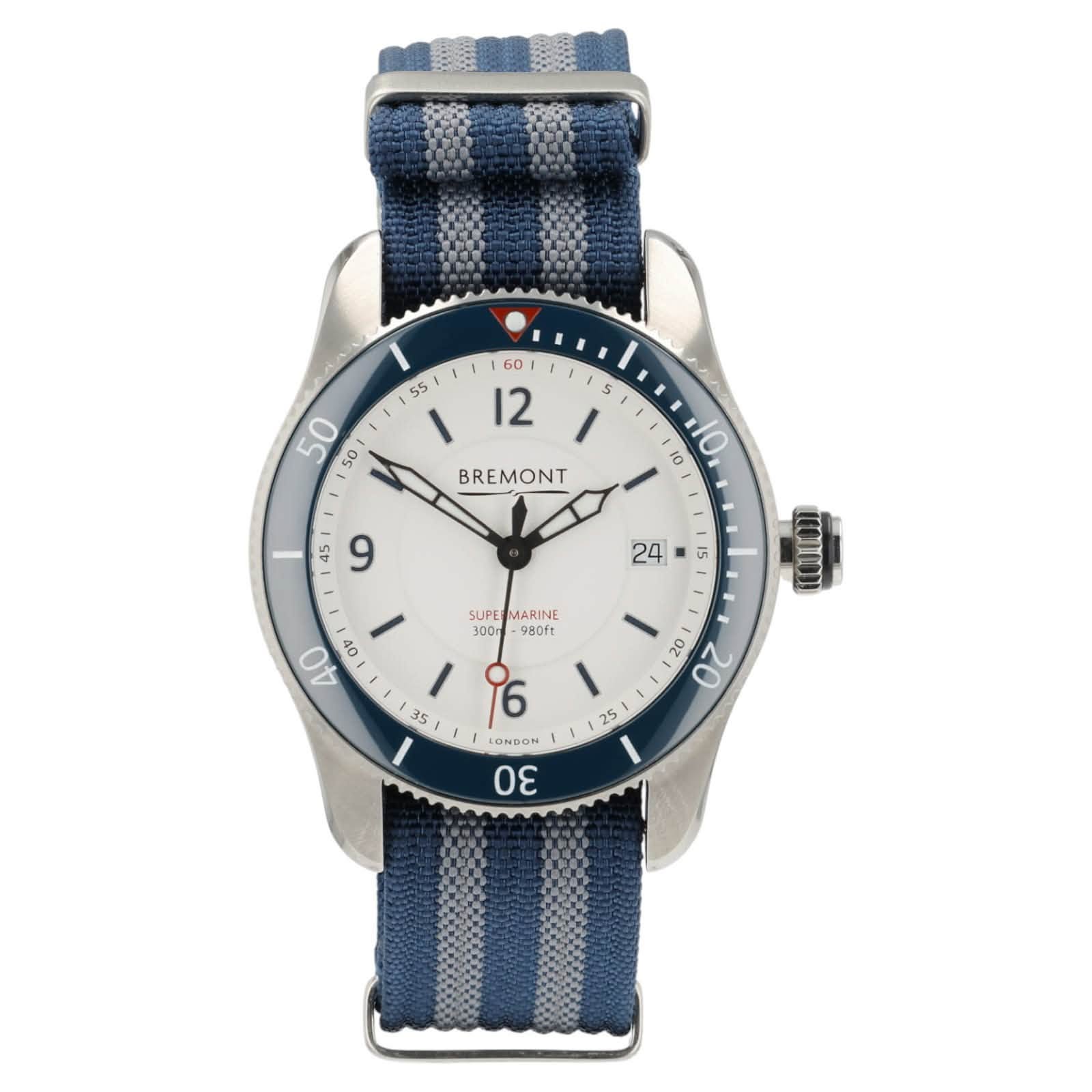 May be an image of wrist watch and text that says ' BREMONT S 15 SUPE MARINE 300 98Oft 40 40 1C0100)) กร S5 i6 LONDON 30'