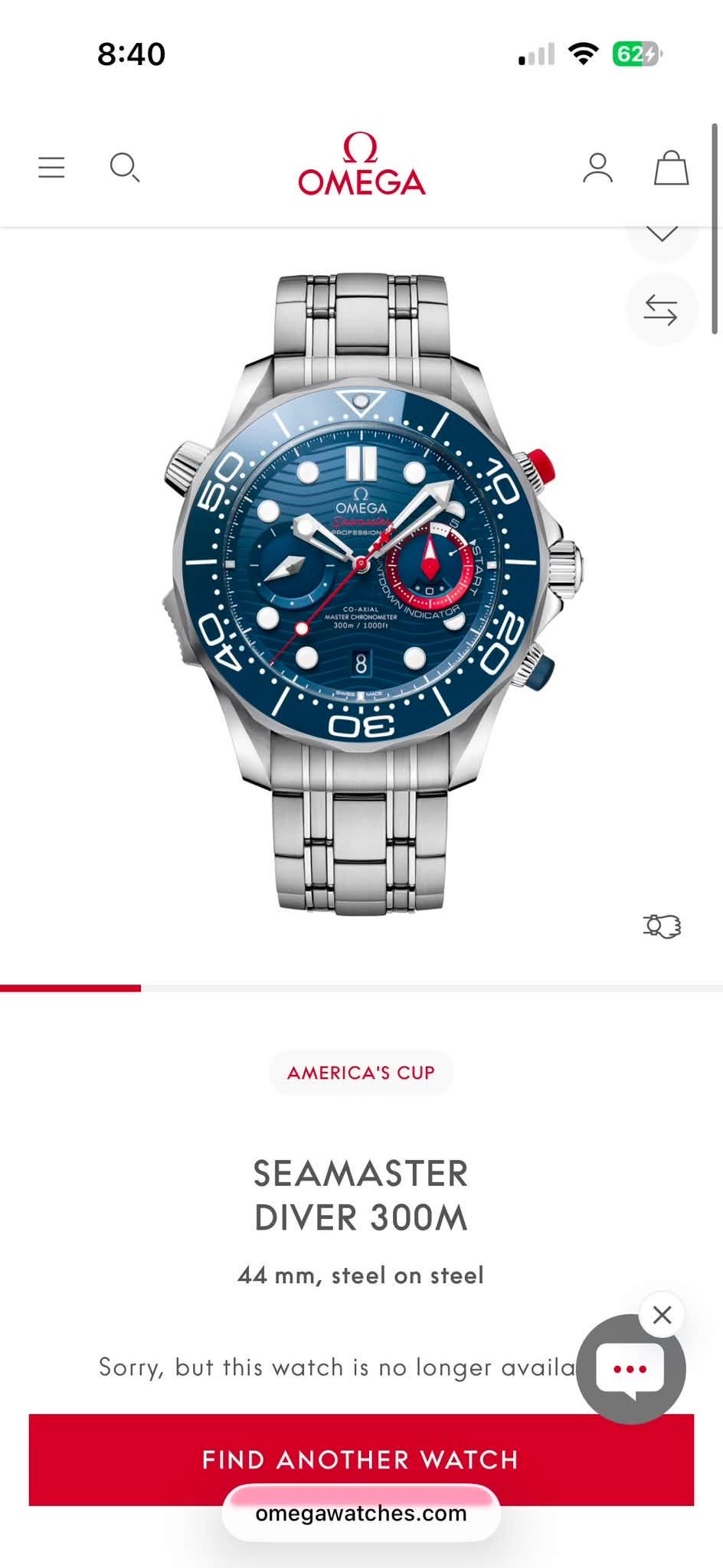 May be an image of digital watch and text that says '8:40 / OMEGA ဂိ ك 4 50 II OMEGA OMEGA 10 wAm خف ساسن o 20 の 1 ز 30 AMERICA'S CUP SEAMASTER DIVER DIVER300M 300M 44 mm, steel…
