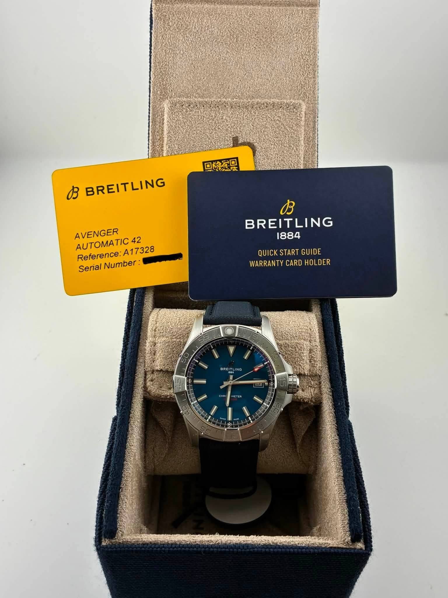 May be an image of wrist watch and text that says '口除感知是 BB BREITLING AVENGER 42 :17328 A17328 Reference:A17328 Reference Seria/Number: Serial Number: B BREITLING 1884 QUI…