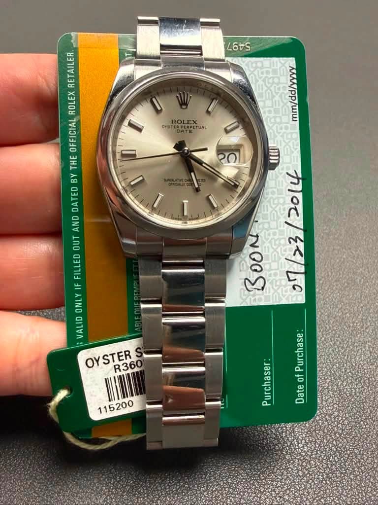 May be an image of wrist watch and text that says 'L67S Sa ROLEX OYST DATE ERPERPE ه UAL mm/dd/yyyy PO 1 RETAILER. ROLEX OFFICIAL THE By DATED AND OUT FILLED IF ONLY VALID OY…