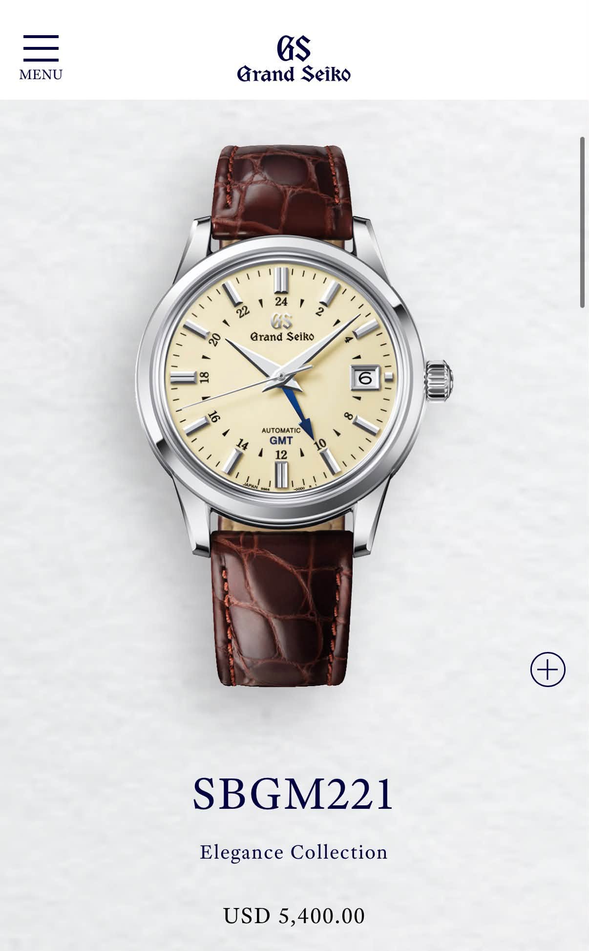 May be an image of wrist watch and text that says 'MENU GS Grand Grand$eiko Seiko な N S Grand GrandSelko Selko AUTOMATIC GMT 12 1 0 + + SBGM221 Elegance Collection USD 5,400.00'