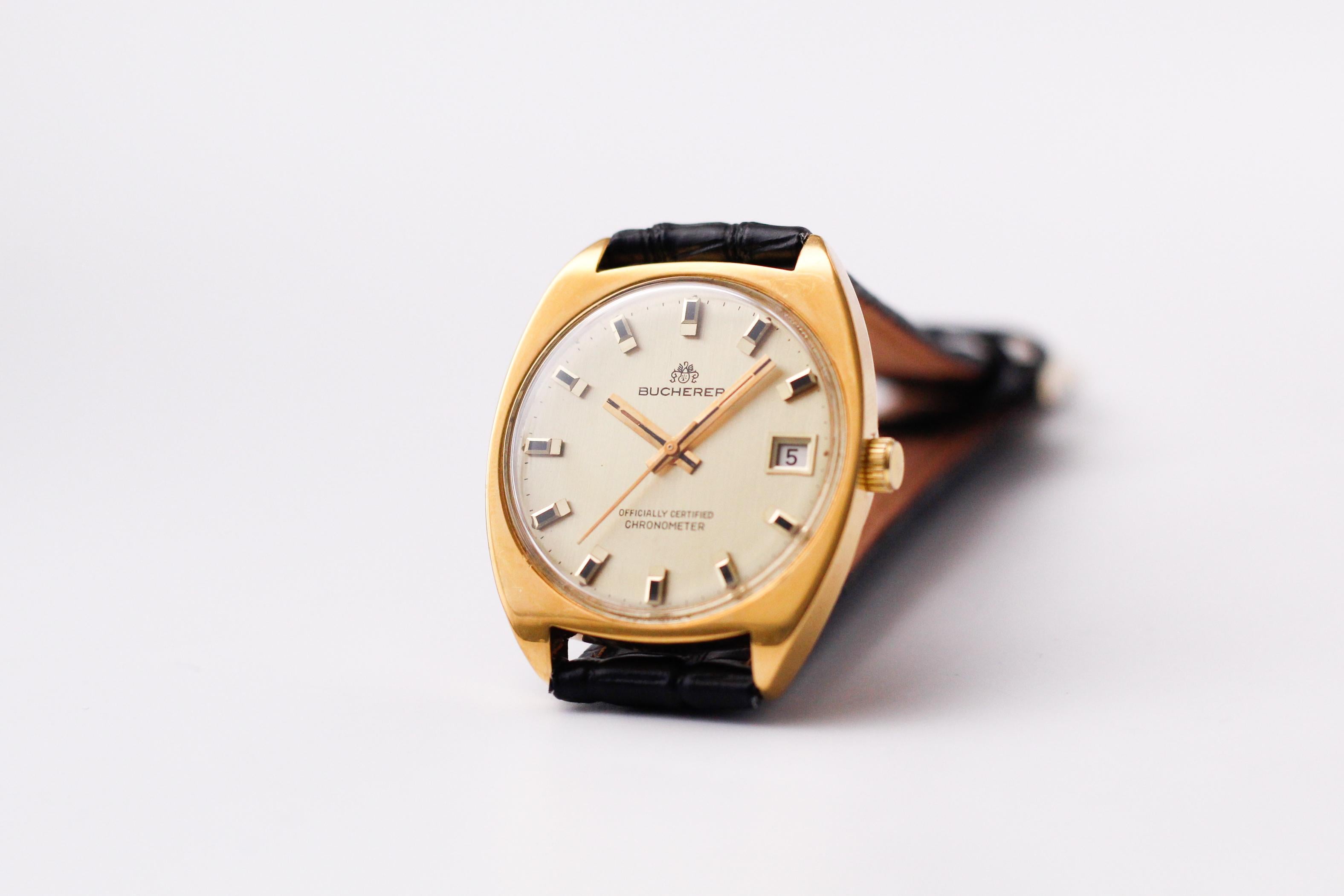 [WTS] Serviced 1970s Bucherer Chronometer Straight Grain Golden Dial Men's Wrist-Watch $369 image