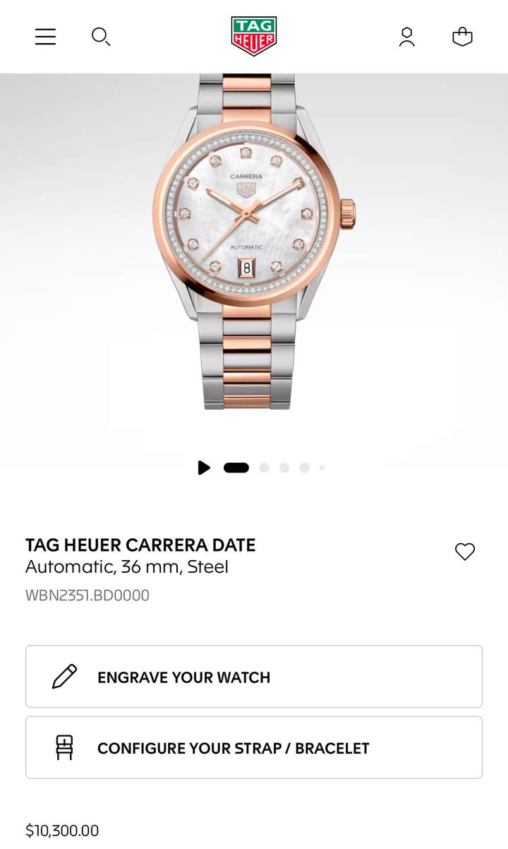 May be an image of wrist watch and text that says 'TAG HET CARRERA ® ٥ R G O AyTO o e 8 TAG HEUER CARRERA DATE Automatic, 36 mm, Steel WBN2351.BD0000 ENGRAVE YOUR WATCH 1月…