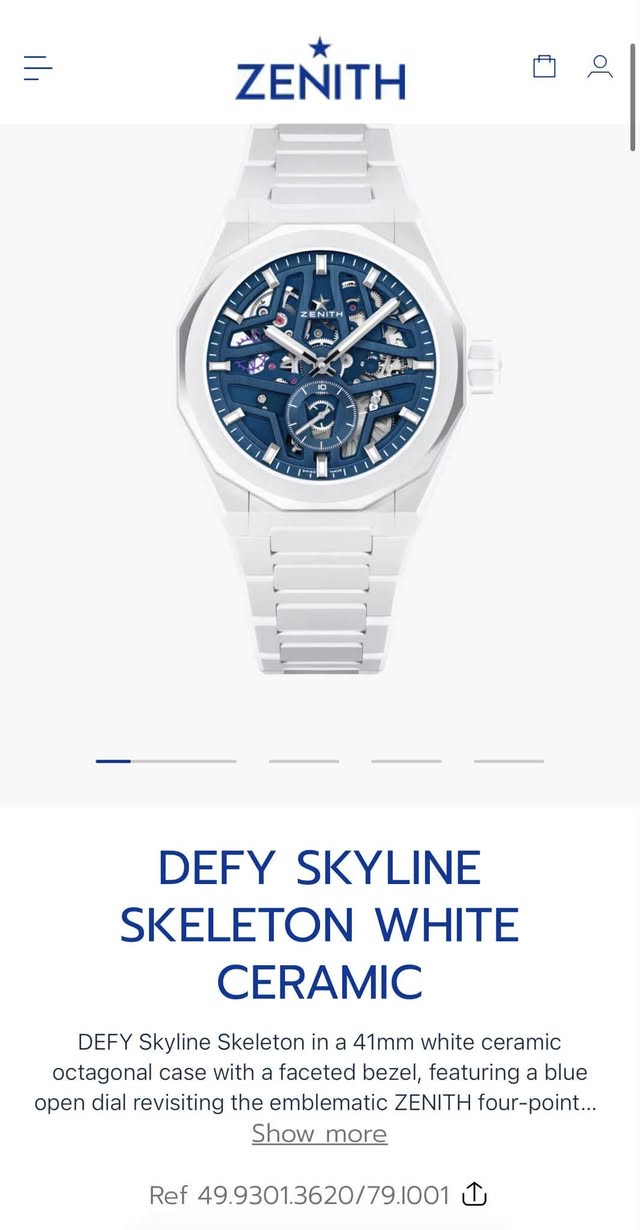 May be an image of digital watch and text that says 'ZENITH ト ENIT 伝 本 - ပ 2 / DEFY SKYLINE SKELETON WHITE CERAMIC DEFY Skyline Skeleton in a 41mm white ceramic octagonal case with…